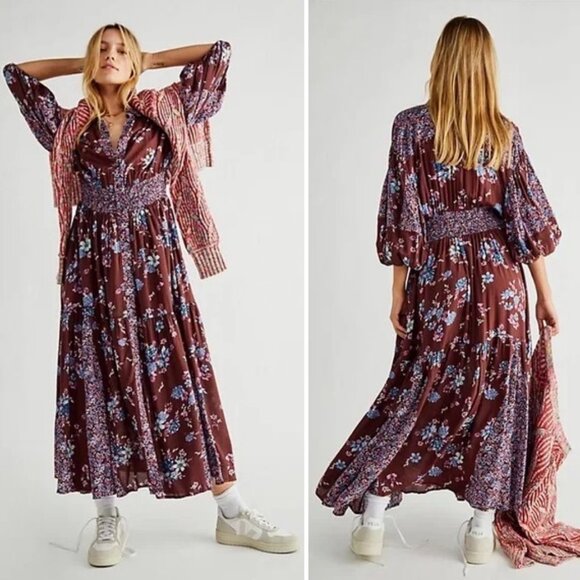 Free People Prairie Punk Floral Shirt Dress Size XS Cocoa Combo 3/4 Sleeve - Picture 1 of 13